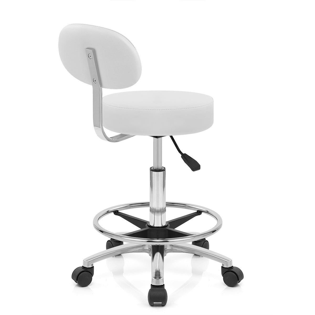 Sgabello Girevole con Schienale Ecopelle Cromato - Bianco