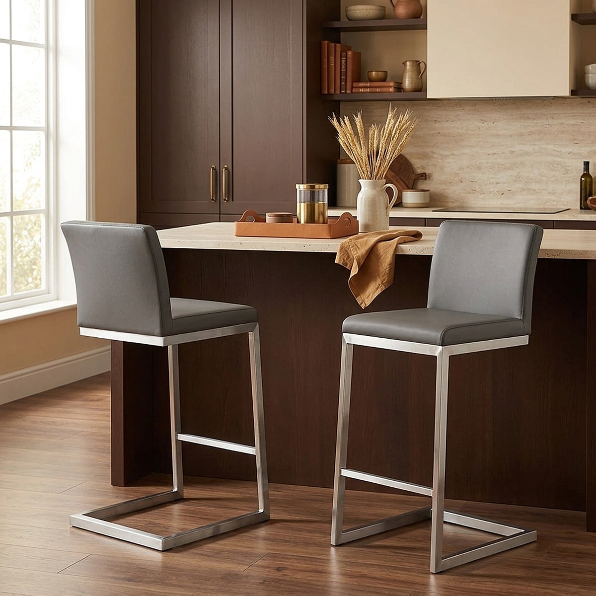Sgabello Ecopelle Cromo Satinato - Ace Grigio