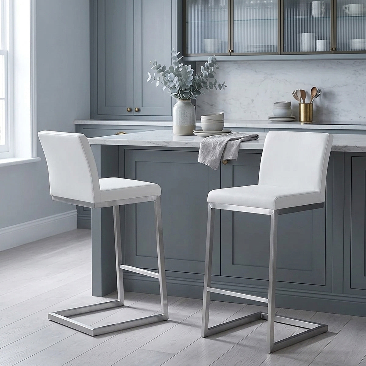 Sgabello Ecopelle Cromo Satinato - Ace Bianco