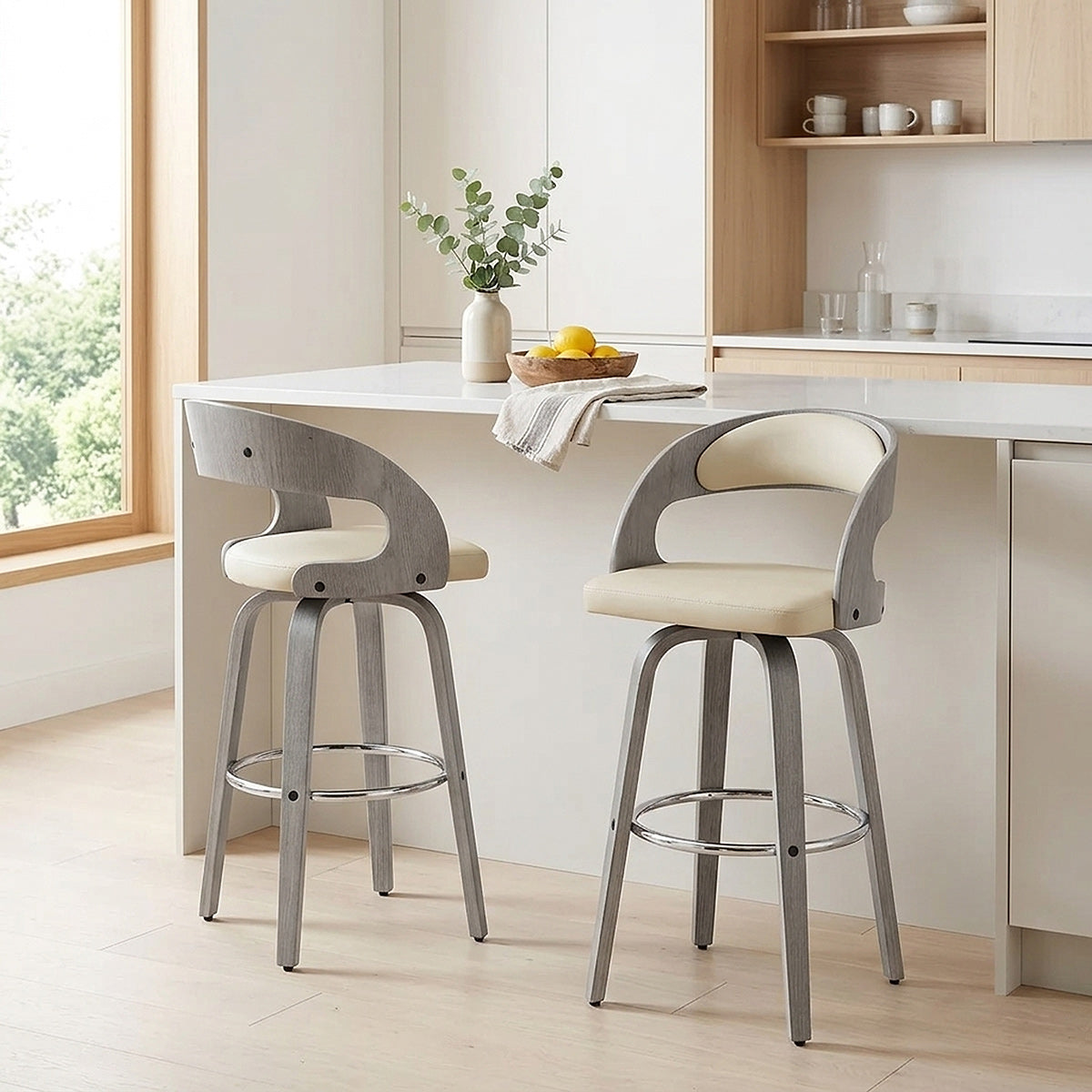 Sgabello Ecopelle Legno Grigio - Alicia Crema