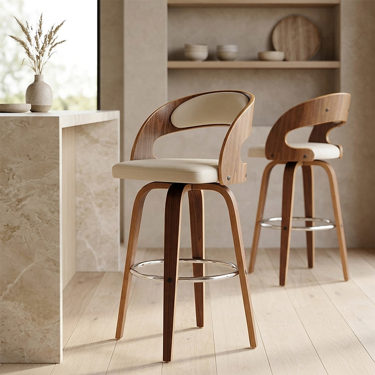 Sgabello Ecopelle Legno - Alicia Bianco