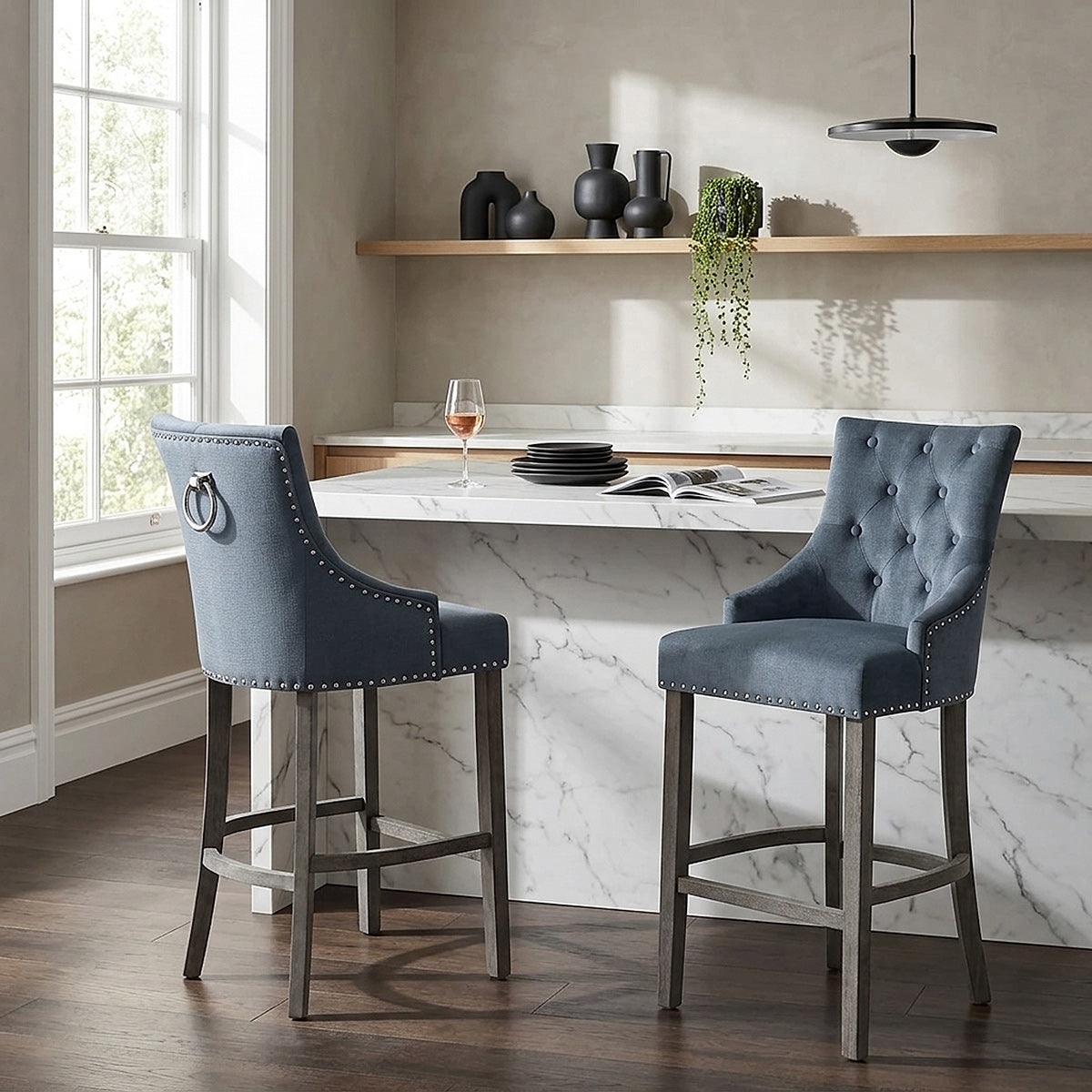 Sgabello Tessuto Legno Grigio - Ascot Blu