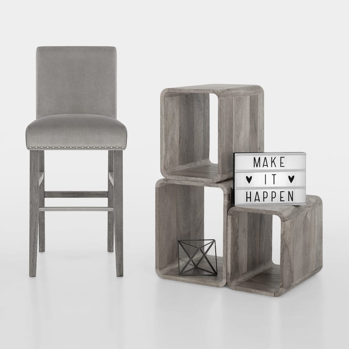 Sgabello Legno Velluto - Brunswick Grigio