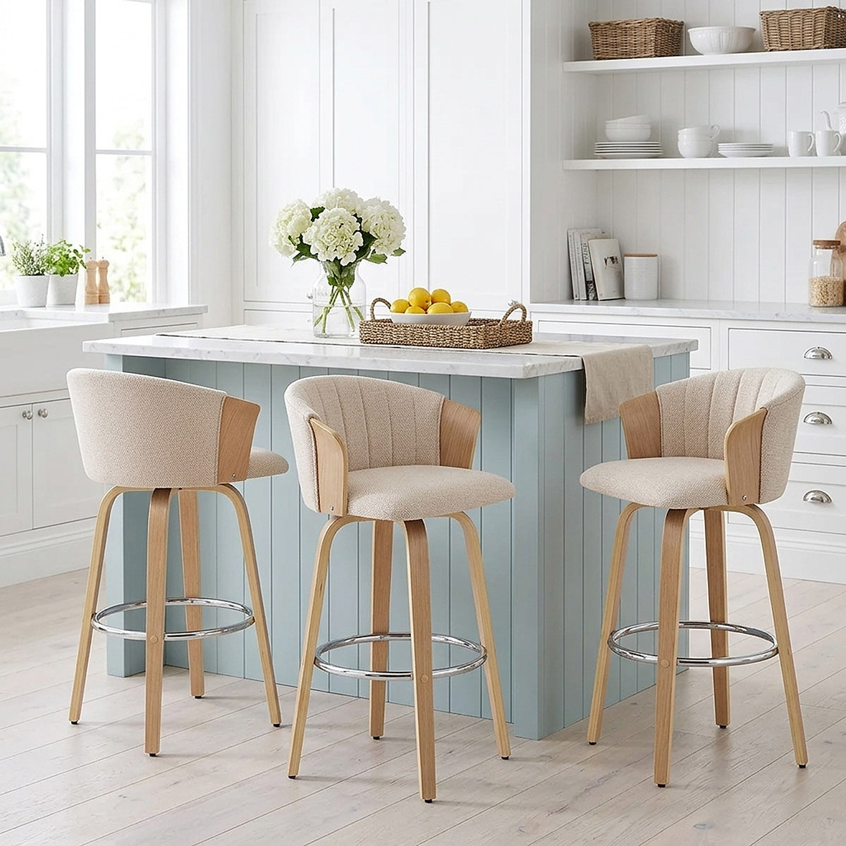 Coral Sgabello da Bar in Rovere e Tessuto Beige