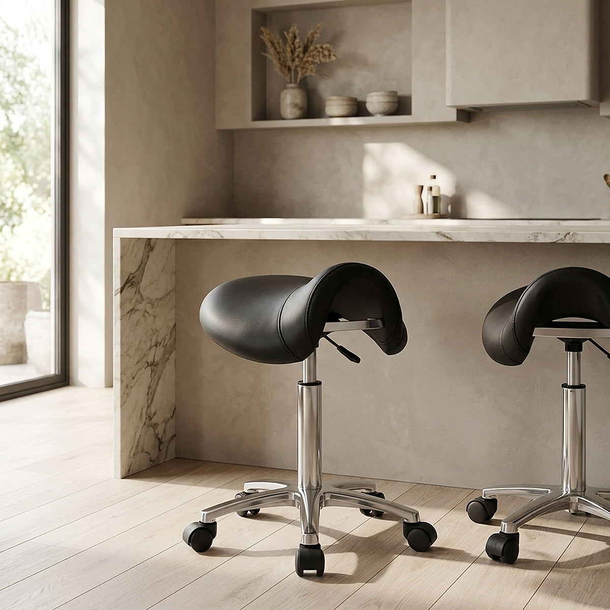 Sgabello con rotelle Ecopelle Cromato - Deluxe Saddle Nero