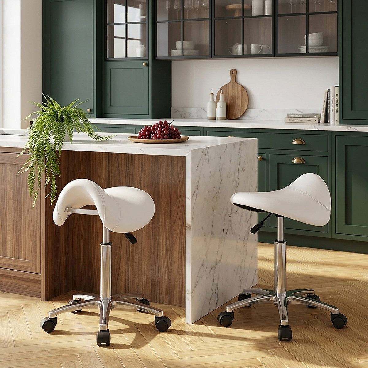 Sgabello con rotelle Ecopelle Cromato - Deluxe Saddle Bianco