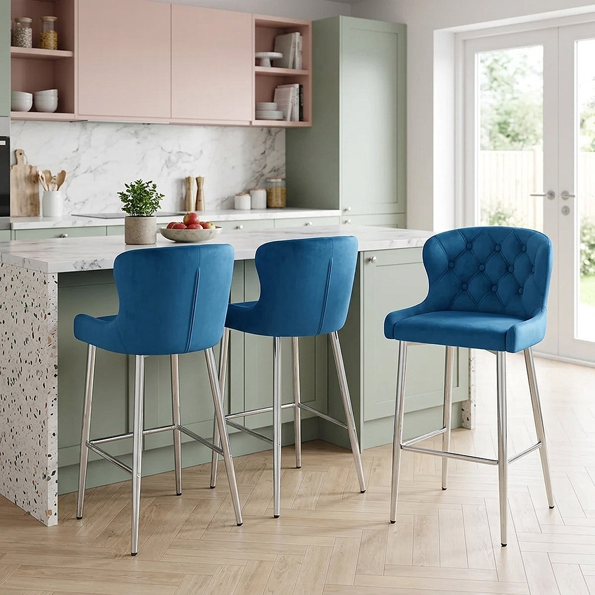 Sgabello Velluto Cromato - Grace Blu