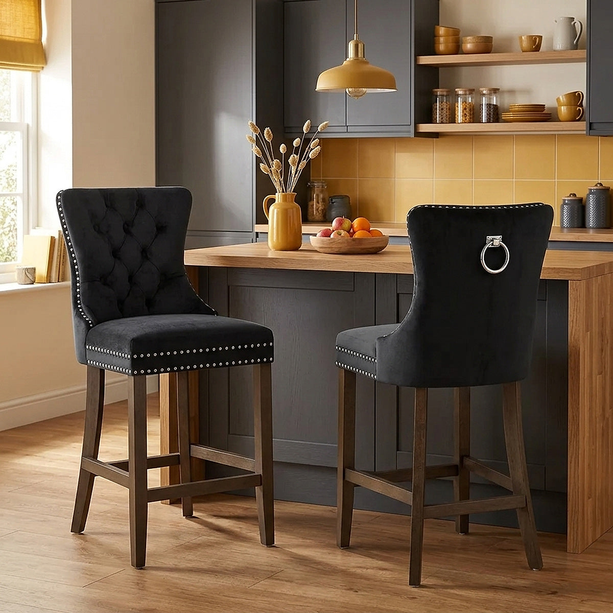Sgabello Legno Velluto - Kensington Nero