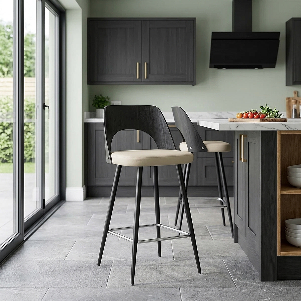 Sgabello Legno Nero Ecopelle - Leo Crema
