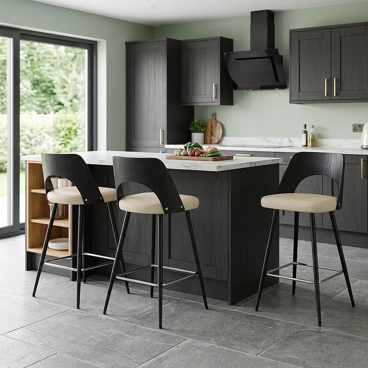 Sgabello Legno Nero Ecopelle - Leo Crema