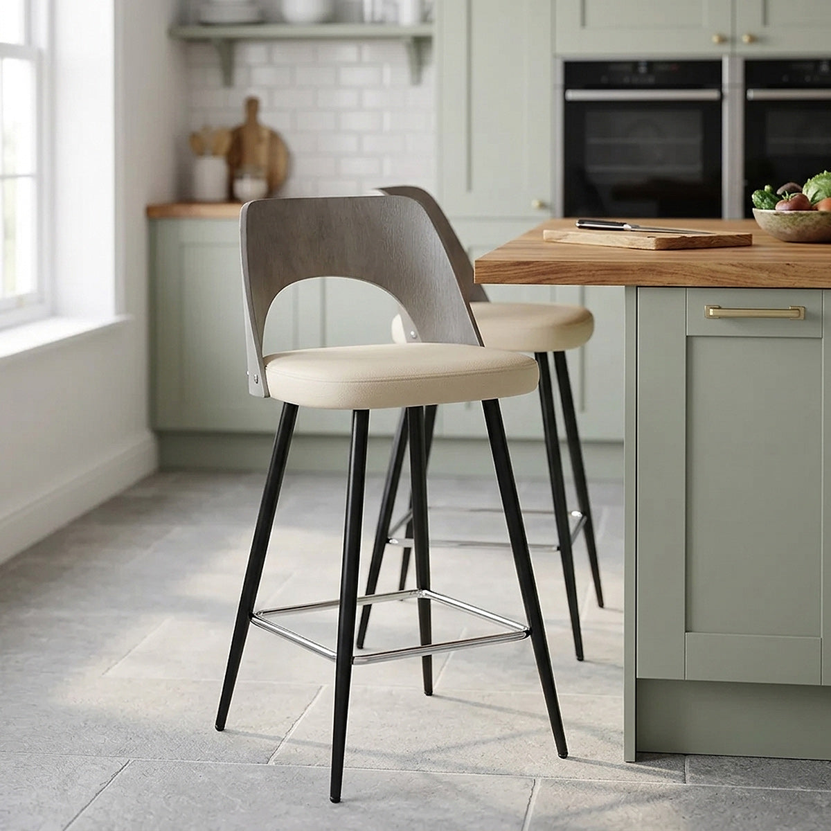 Sgabello Legno Grigio Ecopelle - Leo Crema