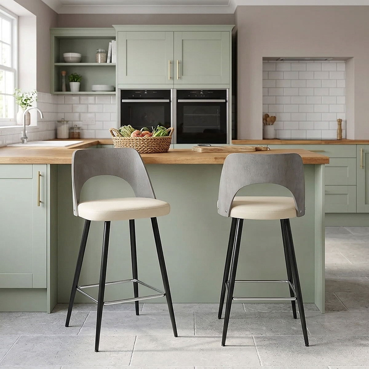 Sgabello Legno Grigio Ecopelle - Leo Crema