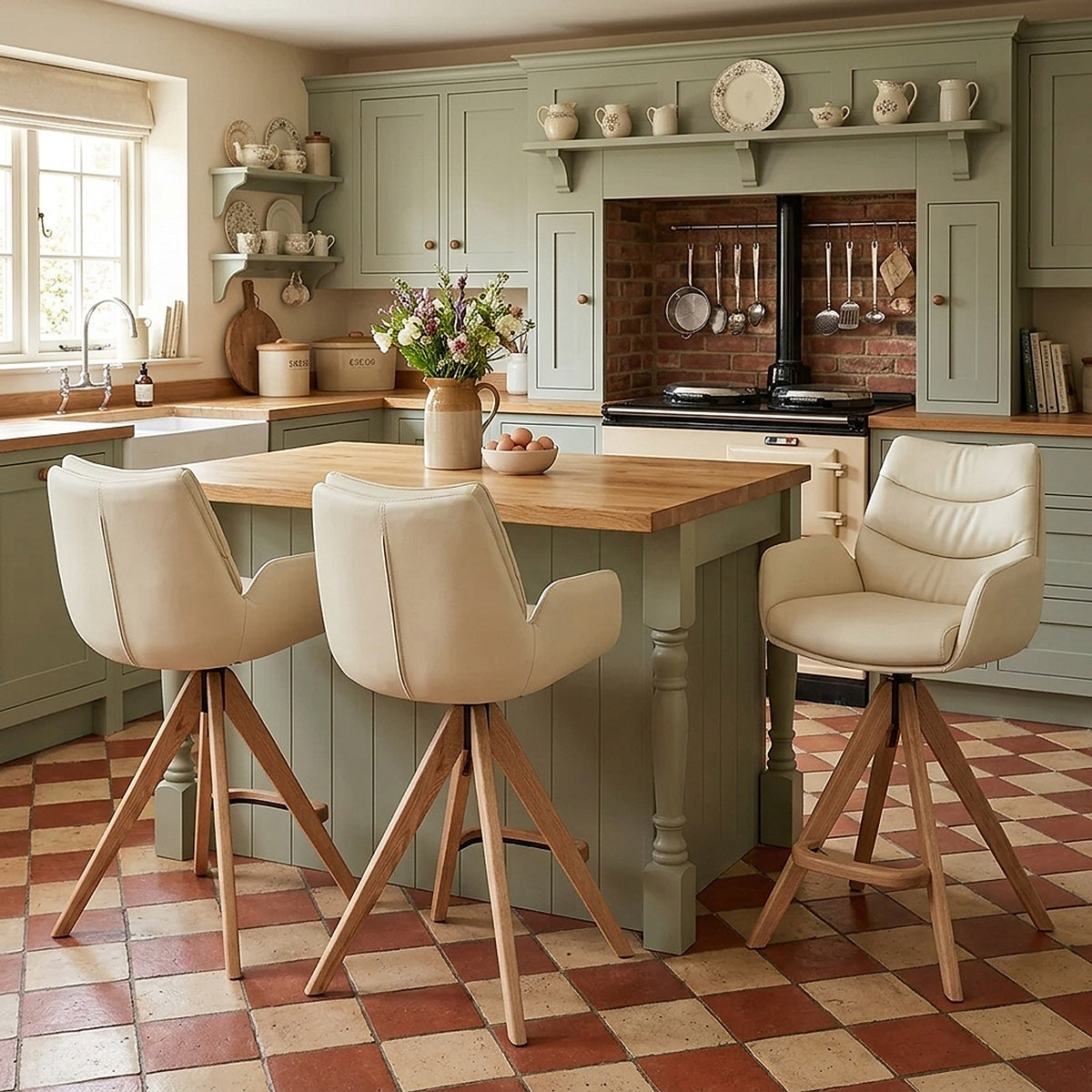 Sgabello Vera Pelle in Legno - Madrid Crema