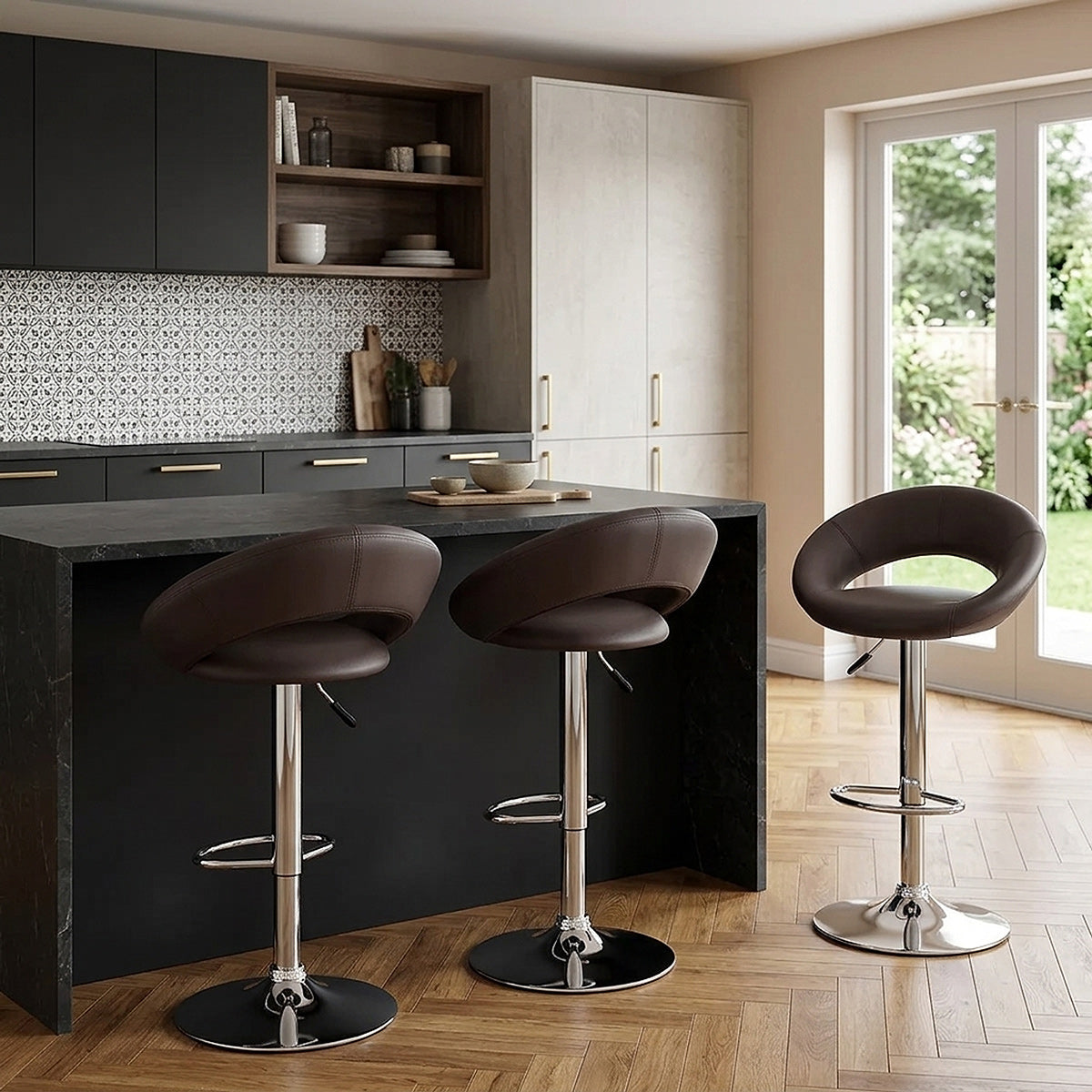Sgabello Ecopelle Cromato - Crescent Imbottito Marrone
