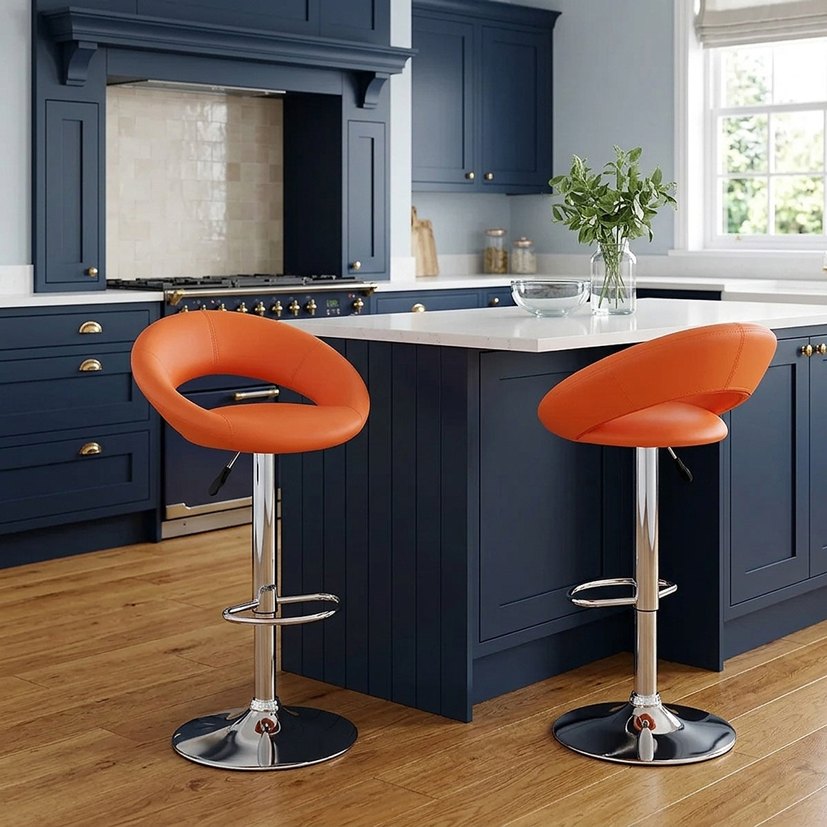 Sgabello Ecopelle Cromato - Crescent Imbottito Arancione