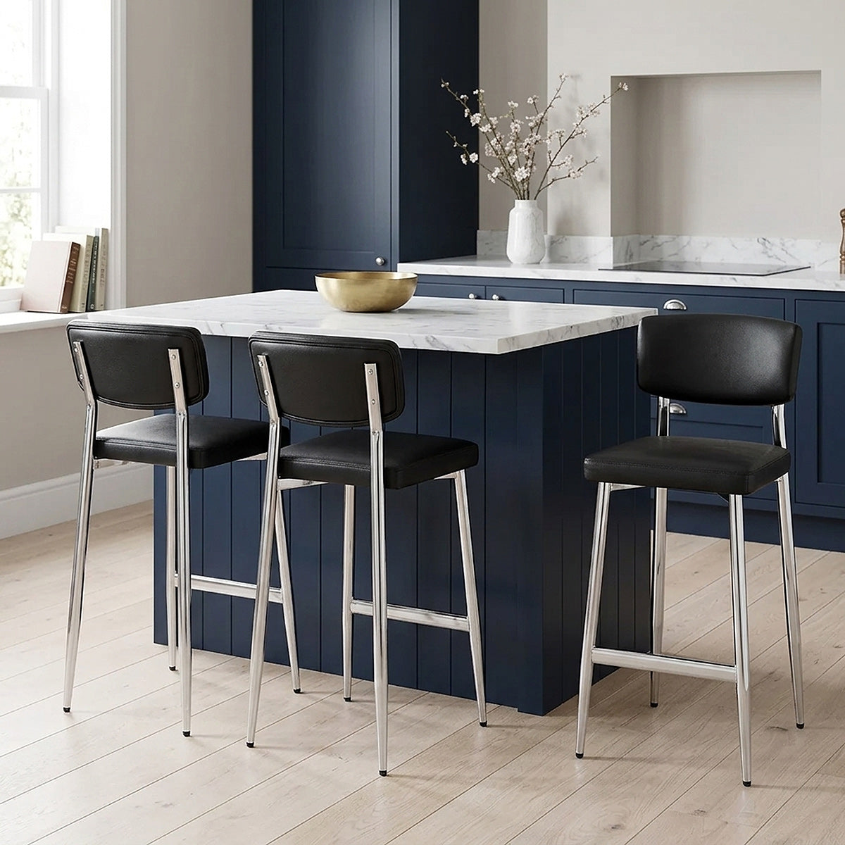 Sgabello Vera Pelle Cromato - Parker Nero
