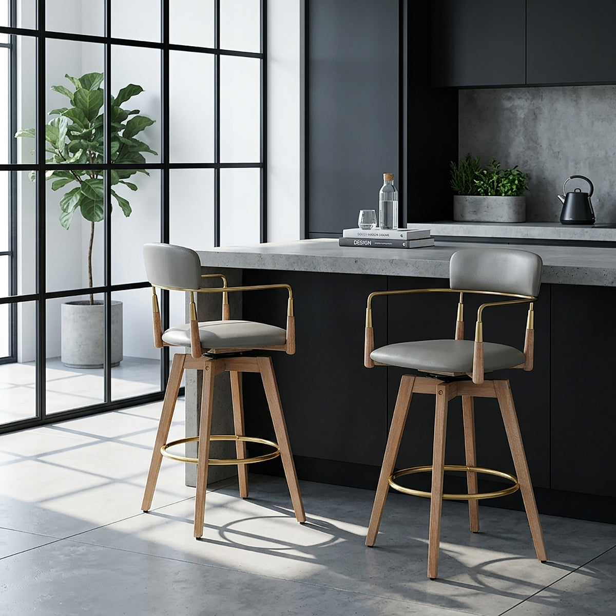 Sgabello Vera Pelle Legno - Reed Grigio